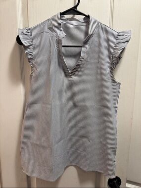 Striped Ruffle-Sleeve V-Neck Tunic Top - White & Navy